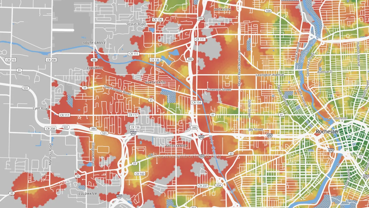 Walk Grade map of 14606, NY, walkable areas in green and car-dependent areas in red