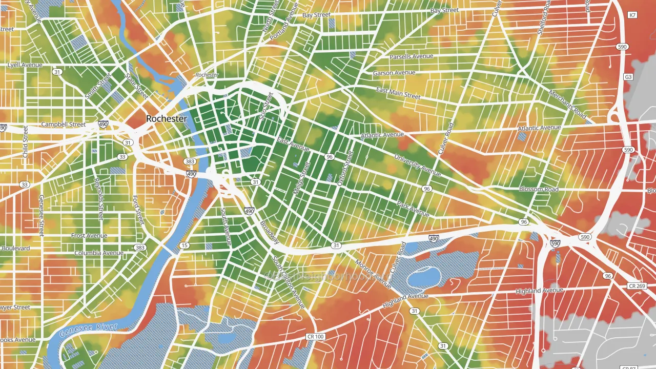 Walk Grade map of 14607, NY, walkable areas in green and car-dependent areas in red