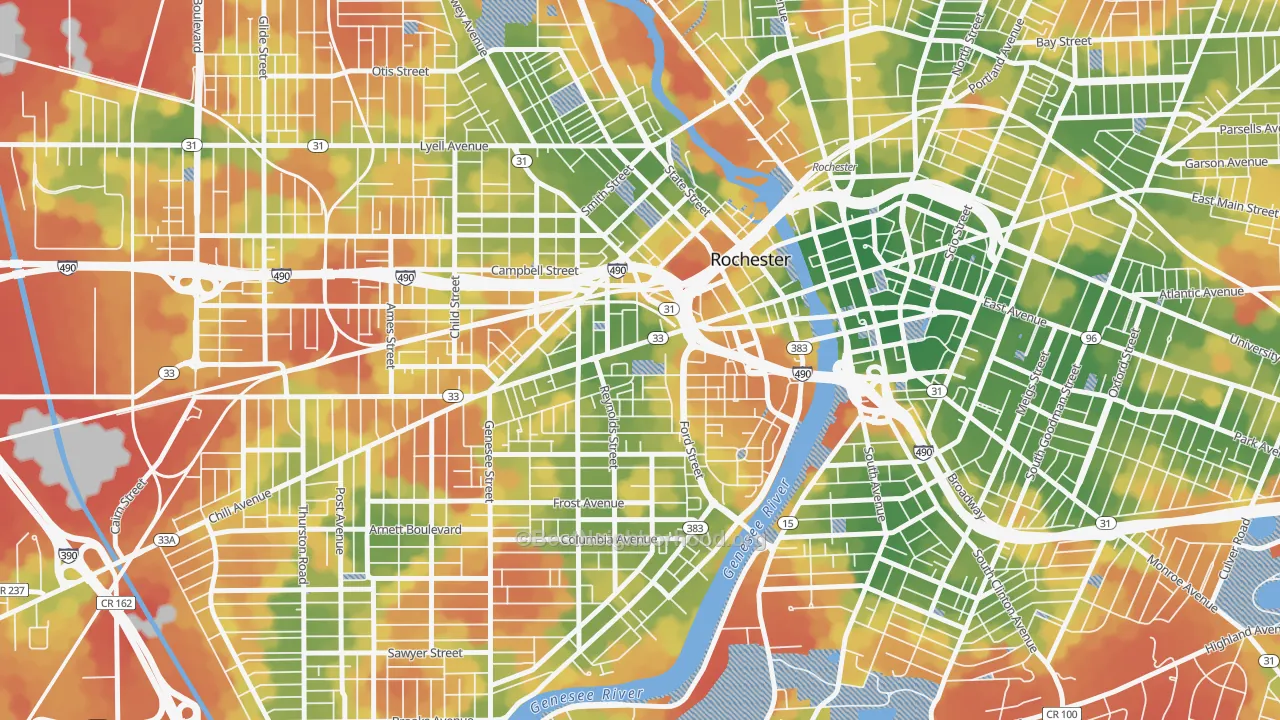 Walk Grade map of 14608, NY, walkable areas in green and car-dependent areas in red