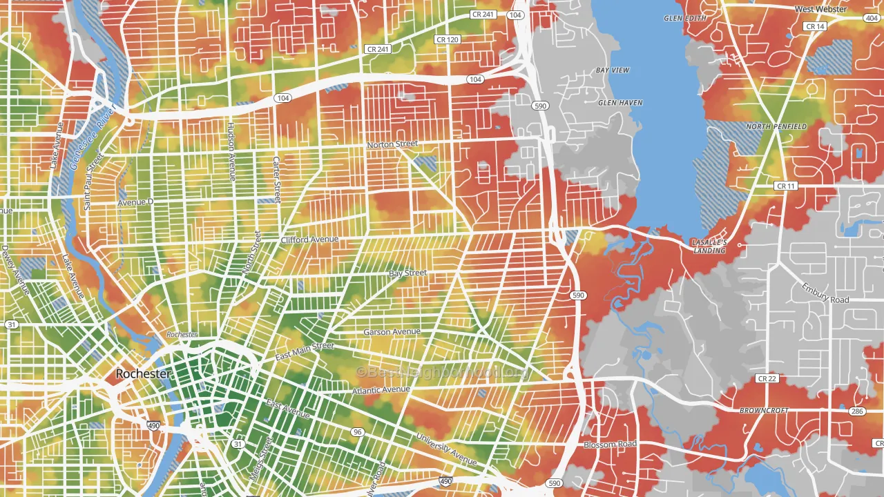 Walk Grade map of 14609, NY, walkable areas in green and car-dependent areas in red