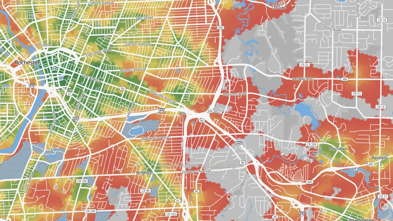 Walk Grade map of 14610, NY, walkable areas in green and car-dependent areas in red