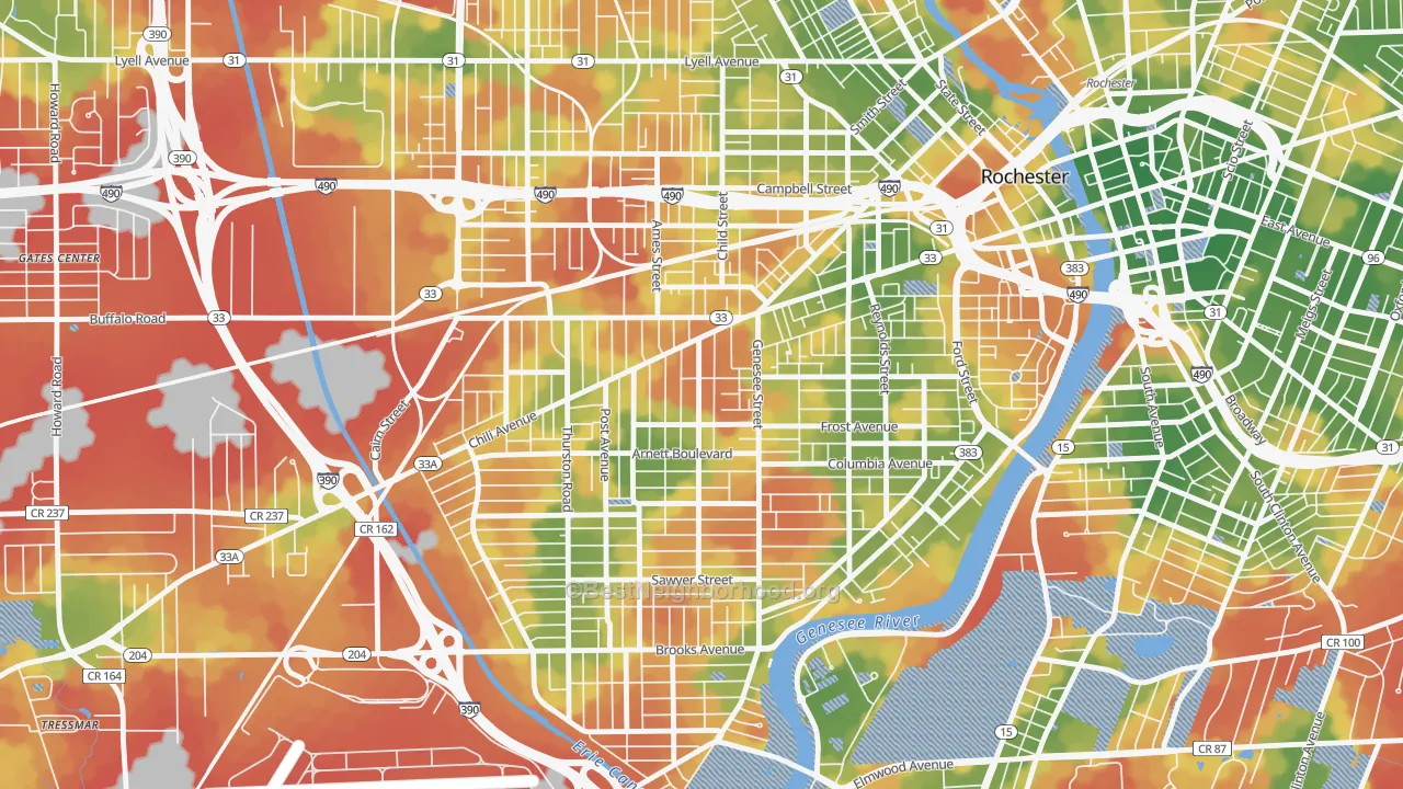 Walk Grade map of 14611, NY, walkable areas in green and car-dependent areas in red