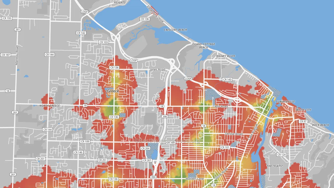 Walk Grade map of 14612, NY, walkable areas in green and car-dependent areas in red