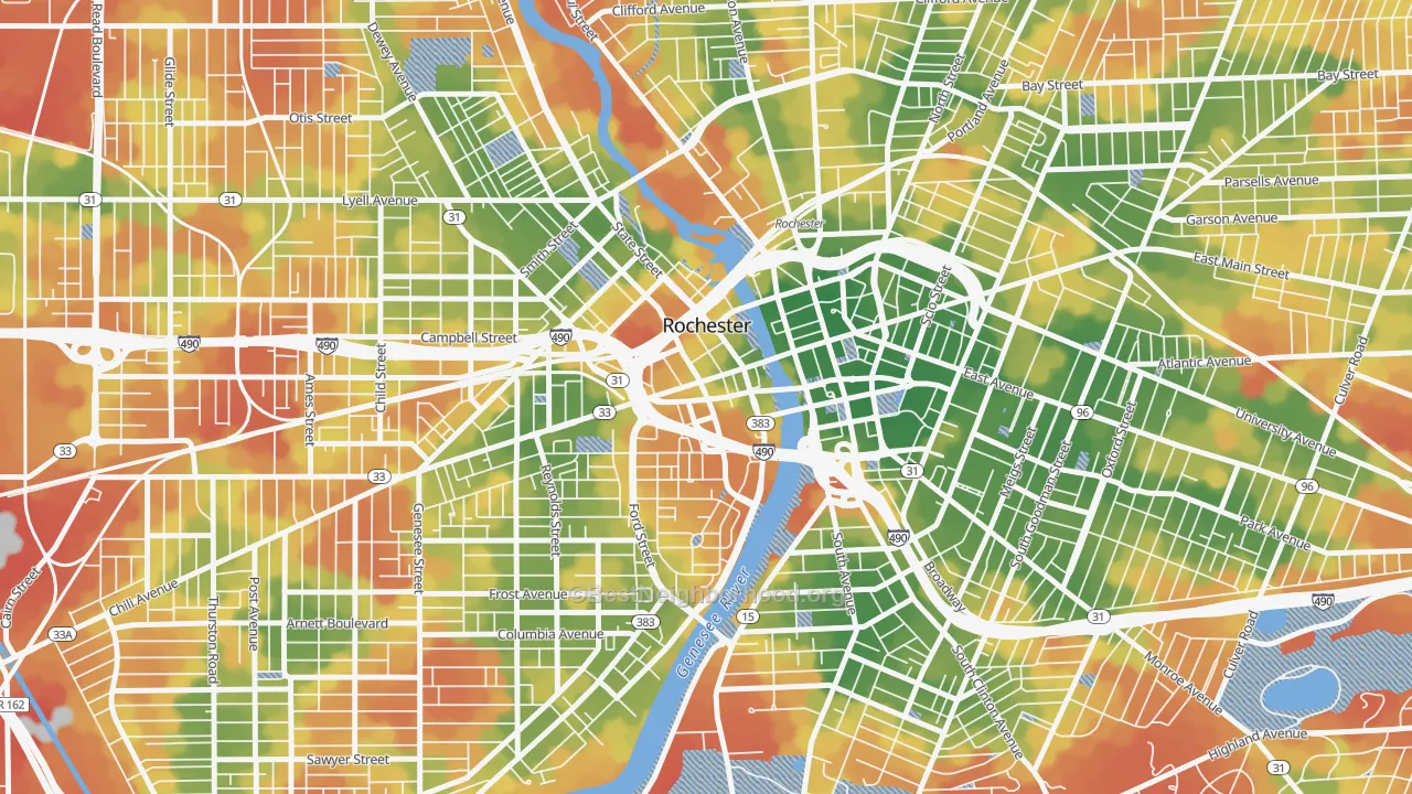 Walk Grade map of 14614, NY, walkable areas in green and car-dependent areas in red