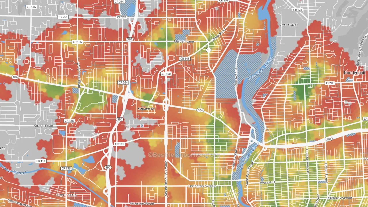 Walk Grade map of 14615, NY, walkable areas in green and car-dependent areas in red