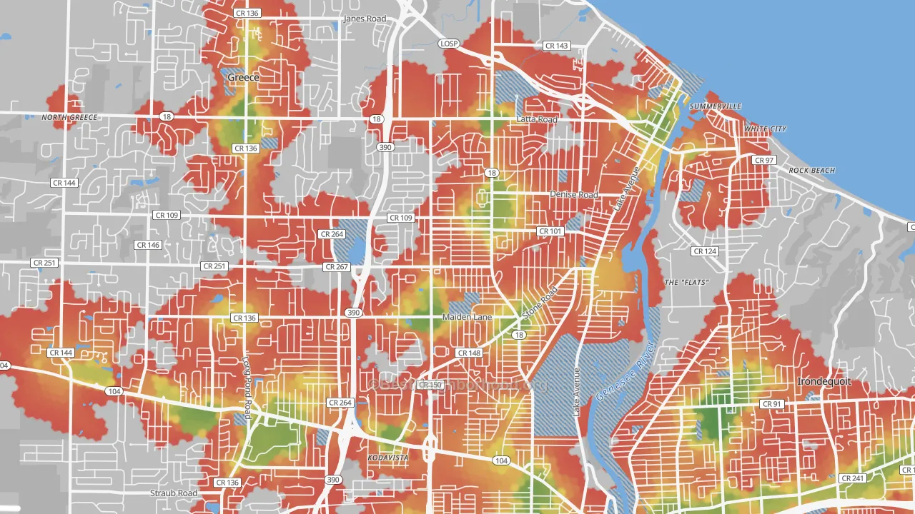 Walk Grade map of 14616, NY, walkable areas in green and car-dependent areas in red