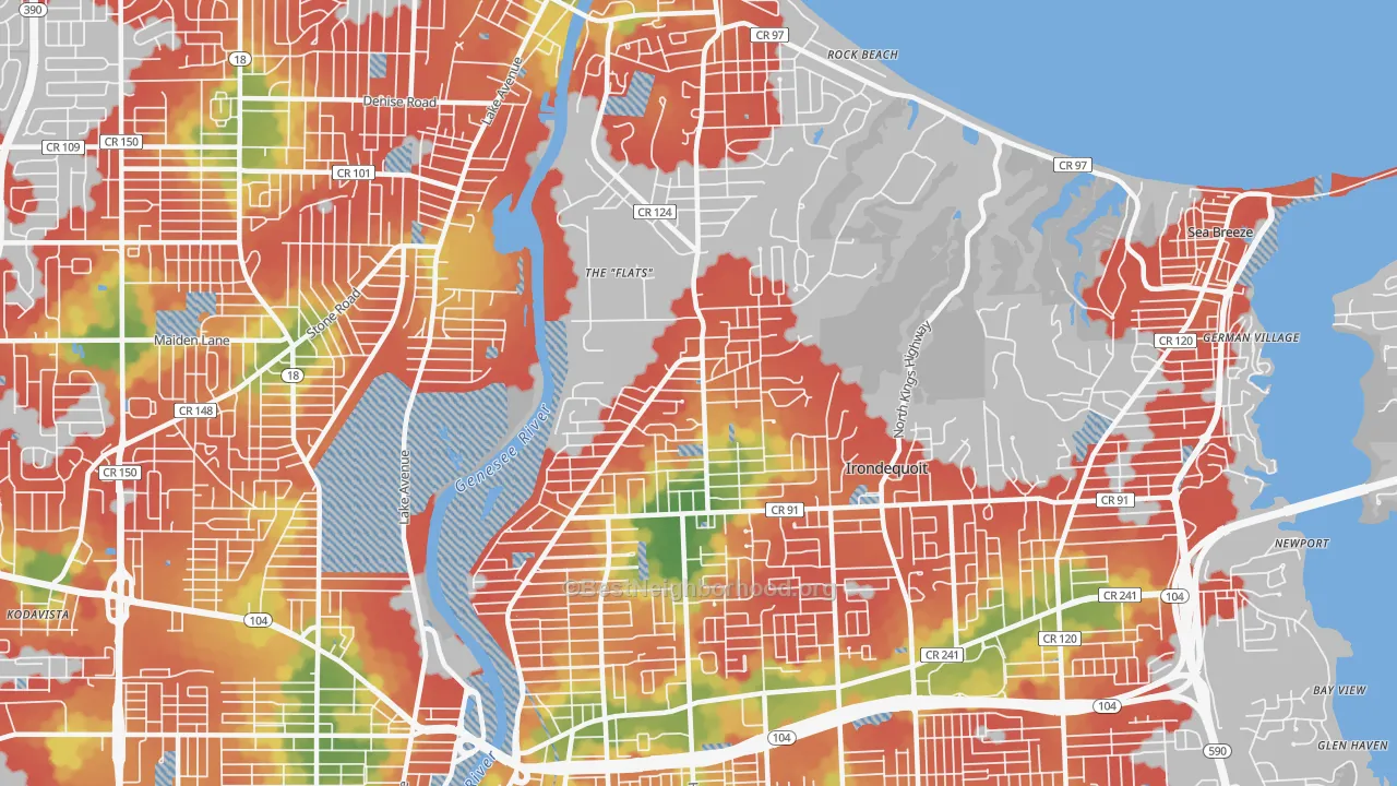 Walk Grade map of 14617, NY, walkable areas in green and car-dependent areas in red