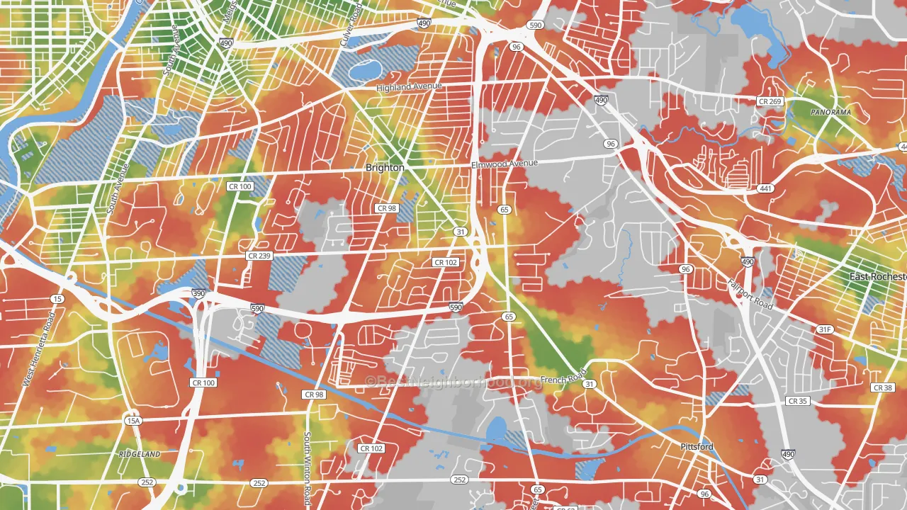 Walk Grade map of 14618, NY, walkable areas in green and car-dependent areas in red