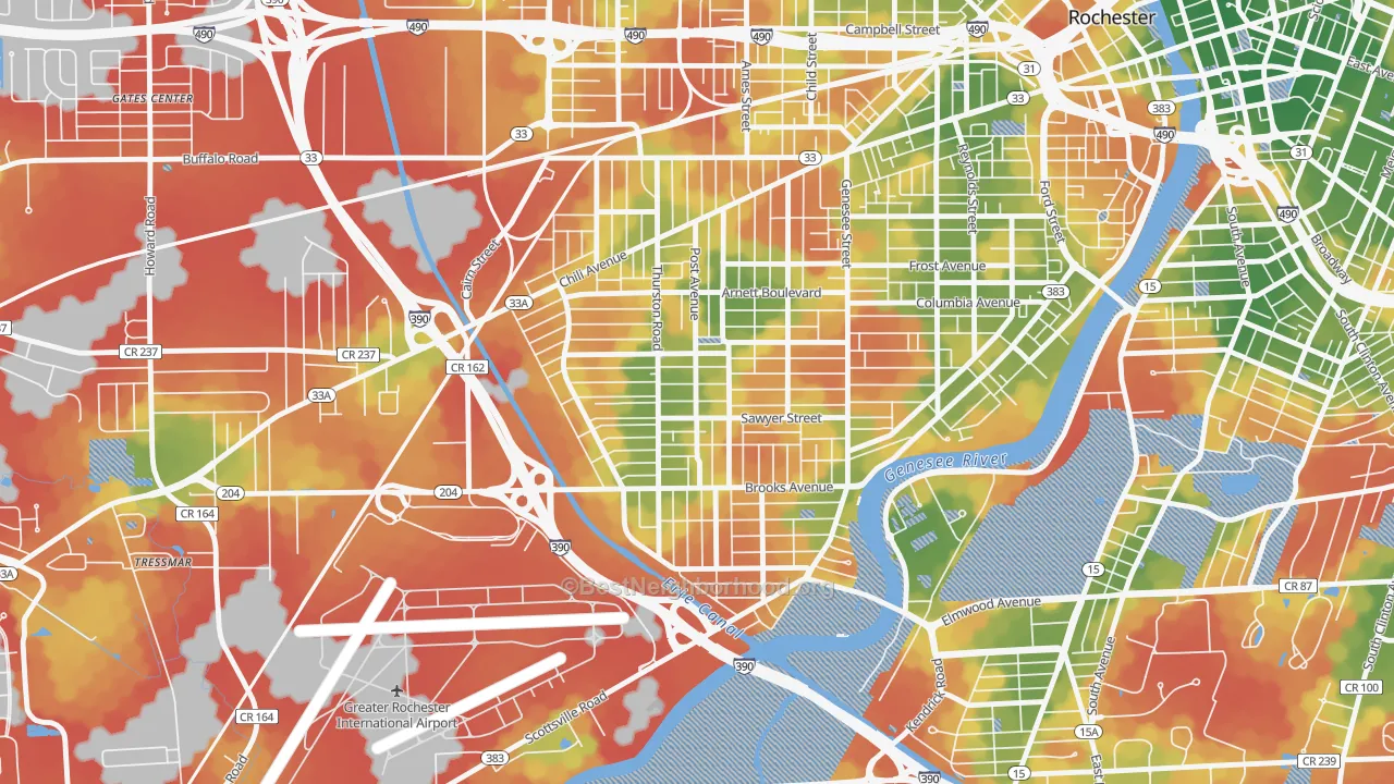 Walk Grade map of 14619, NY, walkable areas in green and car-dependent areas in red