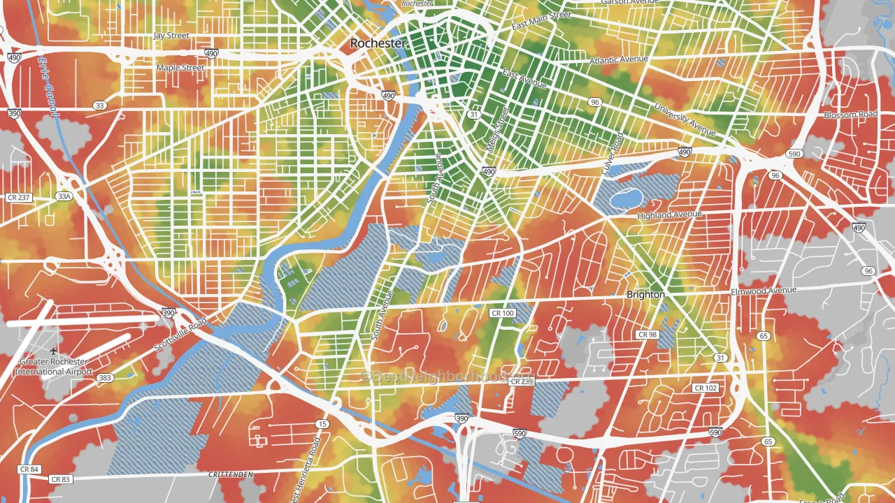 Walk Grade map of 14620, NY, walkable areas in green and car-dependent areas in red