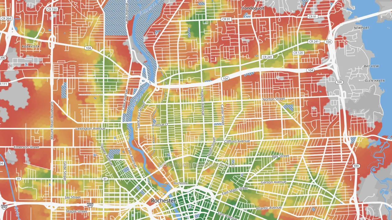 Walk Grade map of 14621, NY, walkable areas in green and car-dependent areas in red