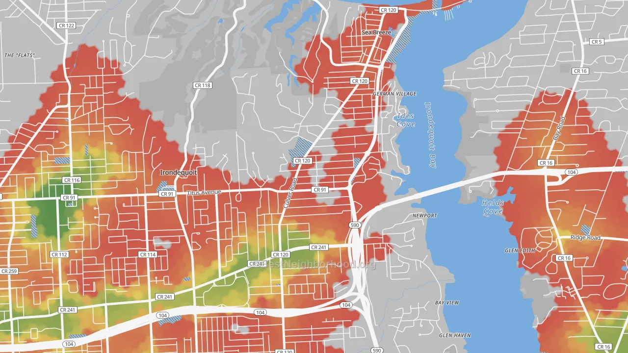 Walk Grade map of 14622, NY, walkable areas in green and car-dependent areas in red