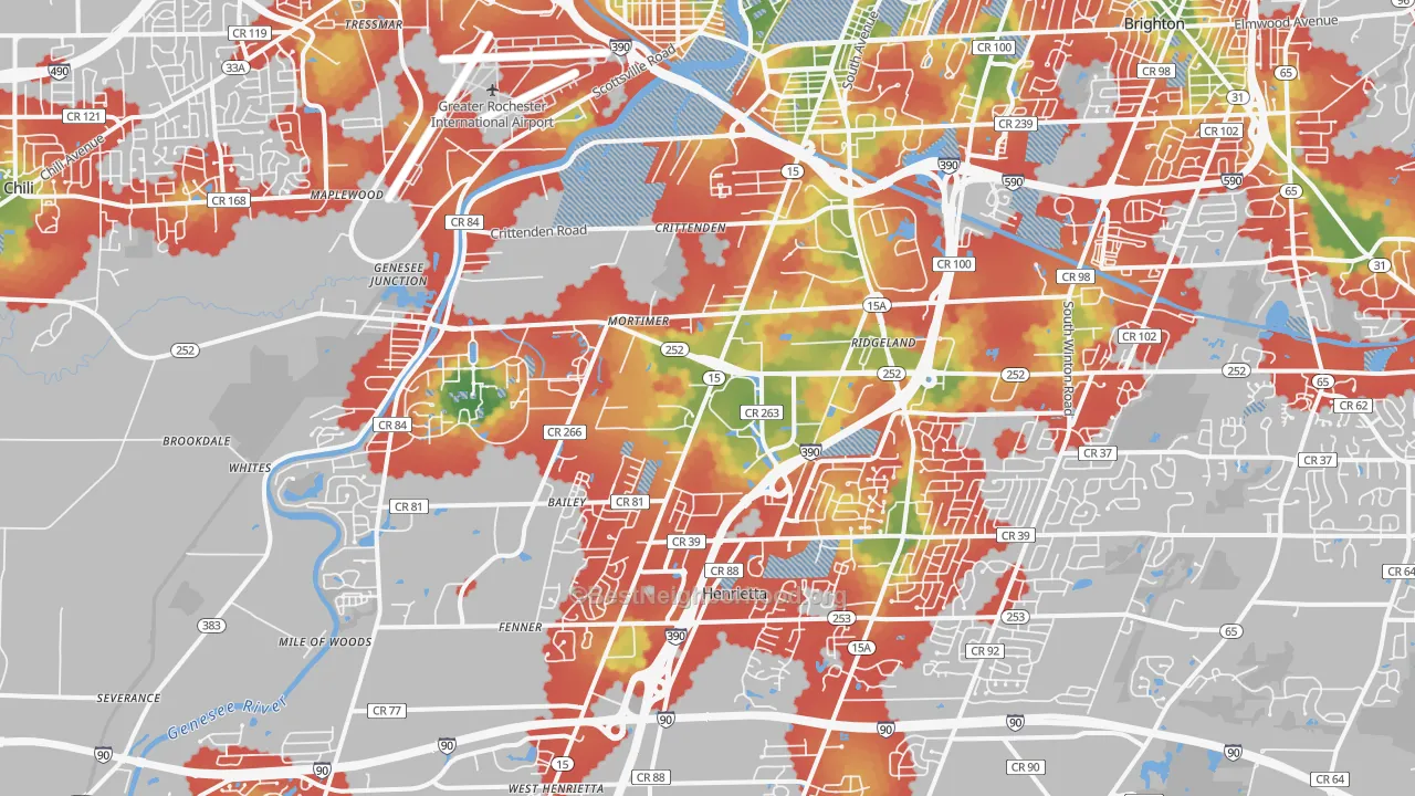 Walk Grade map of 14623, NY, walkable areas in green and car-dependent areas in red