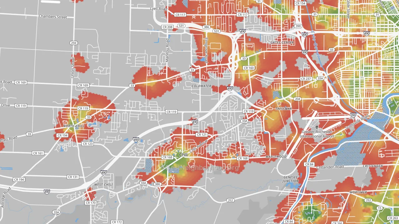 Walk Grade map of 14624, NY, walkable areas in green and car-dependent areas in red