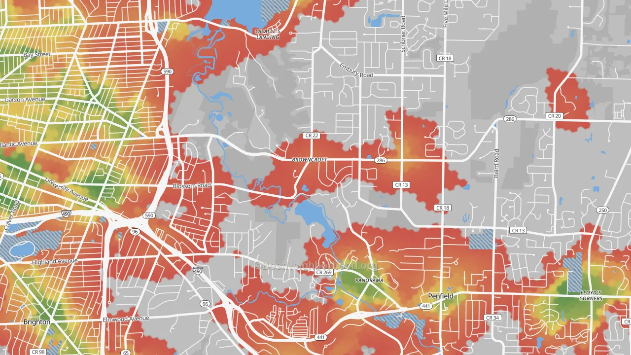 Walk Grade map of 14625, NY, walkable areas in green and car-dependent areas in red