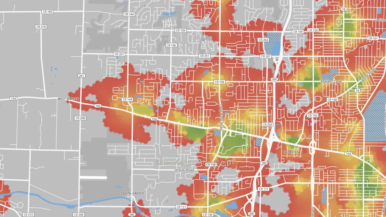 Walk Grade map of 14626, NY, walkable areas in green and car-dependent areas in red