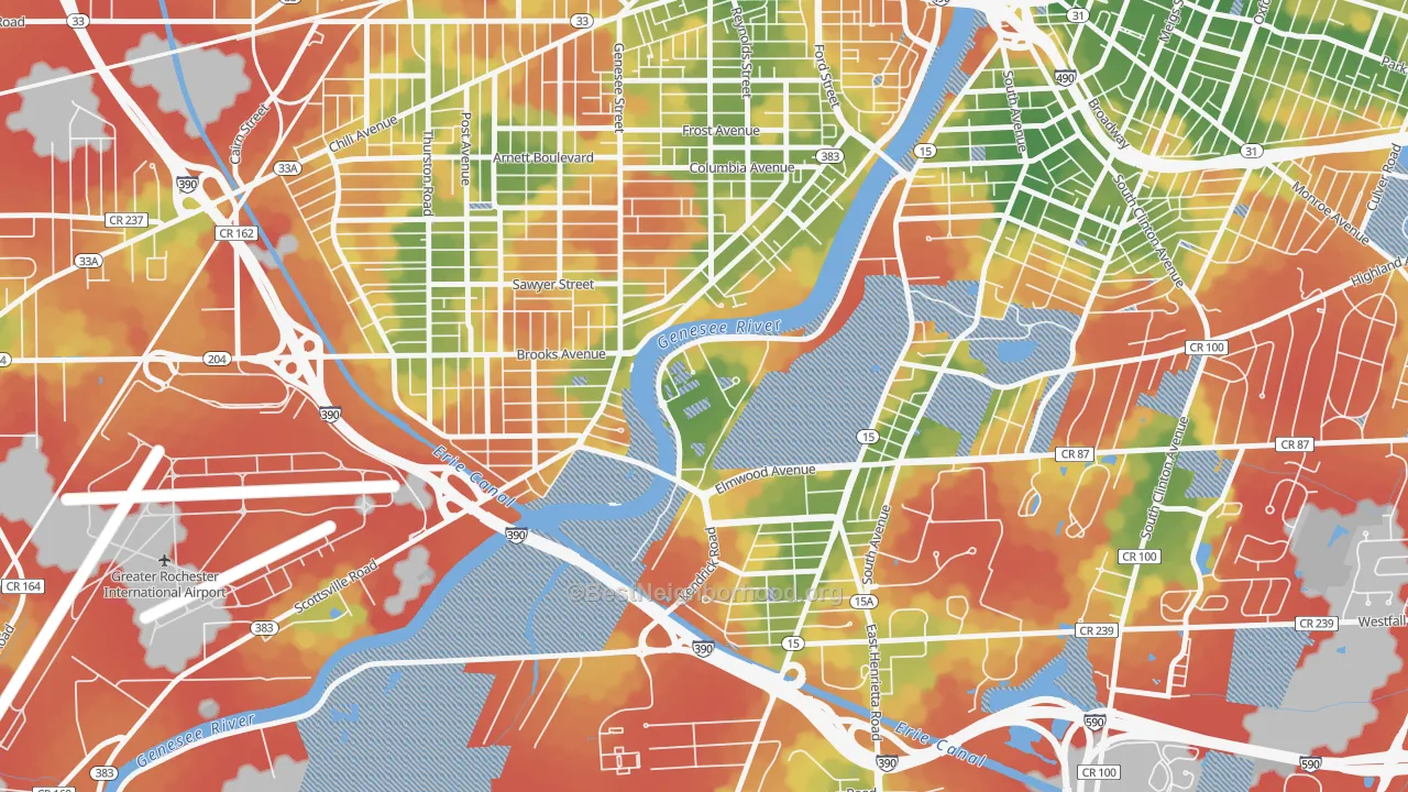 Walk Grade map of 14627, NY, walkable areas in green and car-dependent areas in red