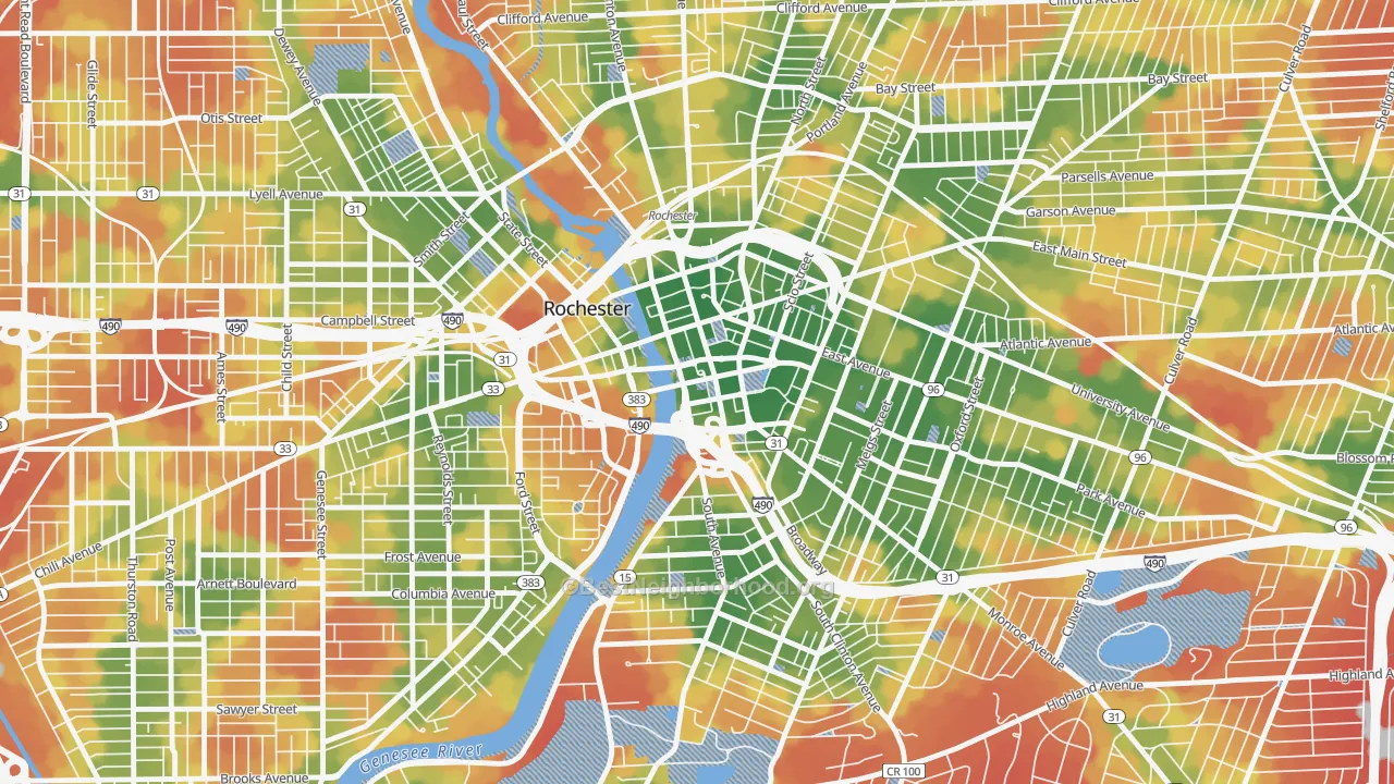 Walk Grade map of 14647, NY, walkable areas in green and car-dependent areas in red