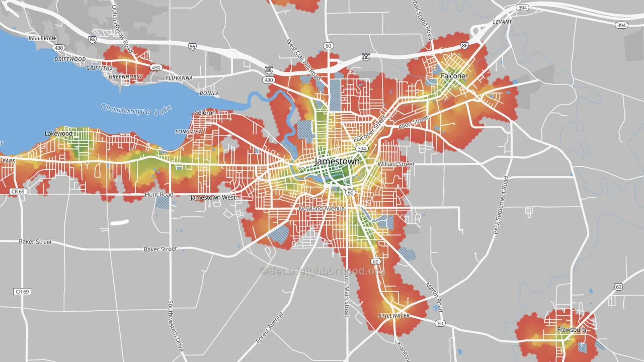 Walk Grade map of 14701, NY, walkable areas in green and car-dependent areas in red