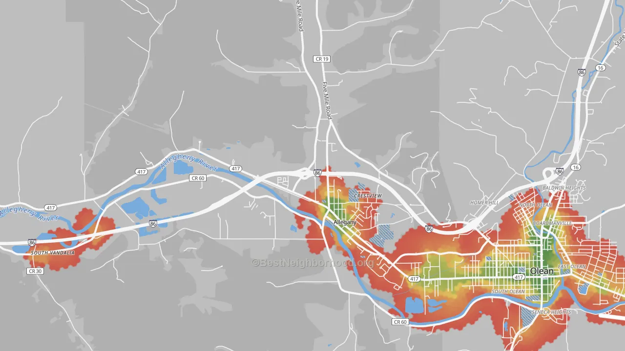 Walk Grade map of 14706, NY, walkable areas in green and car-dependent areas in red