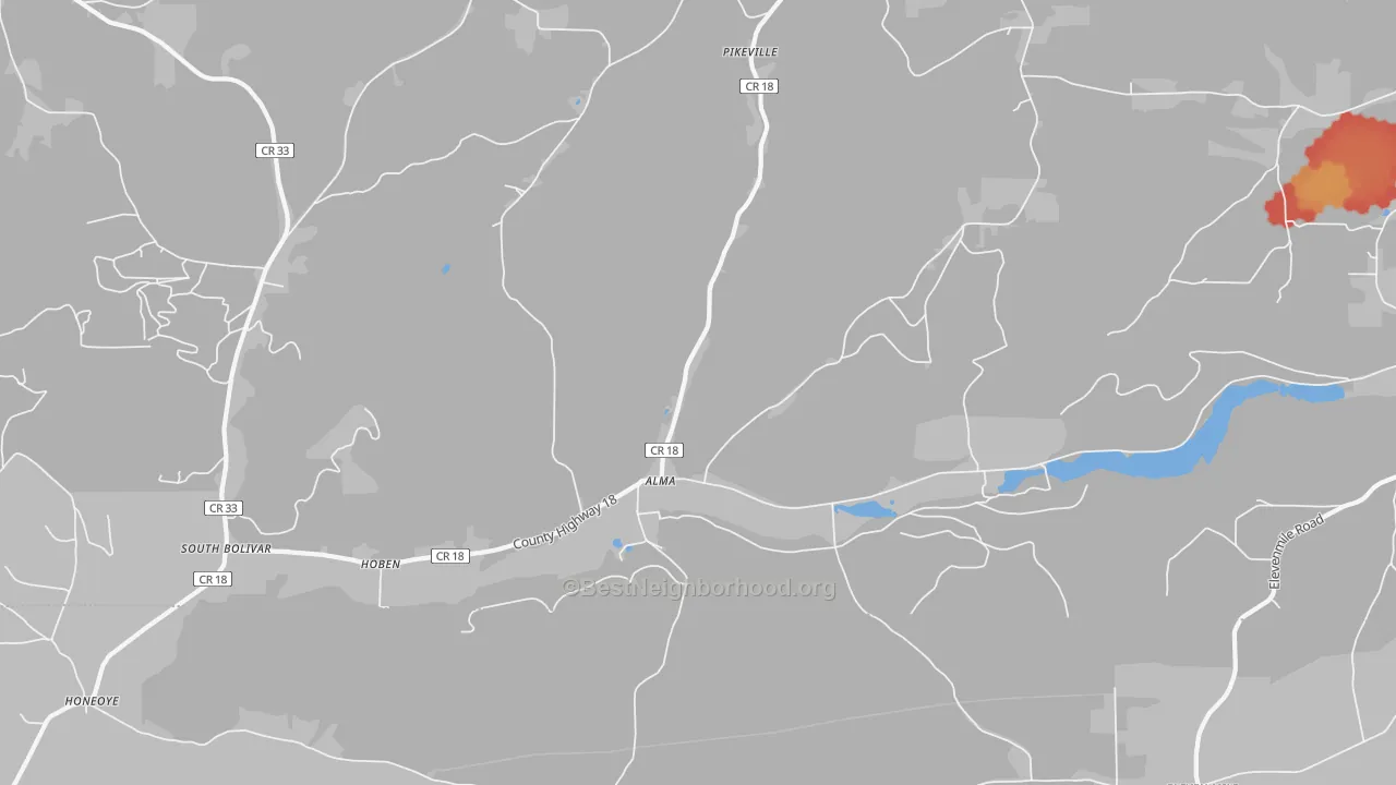 Walk Grade map of 14708, NY, walkable areas in green and car-dependent areas in red