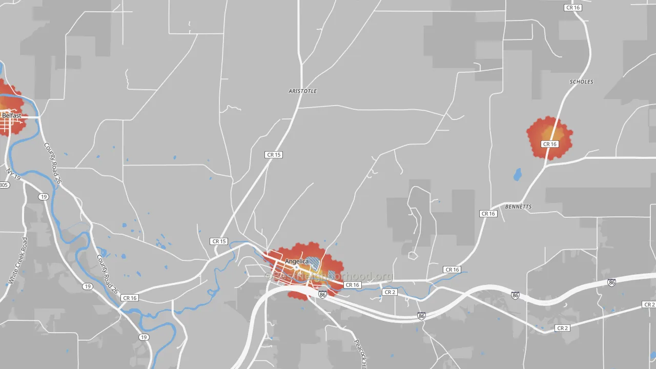 Walk Grade map of 14709, NY, walkable areas in green and car-dependent areas in red