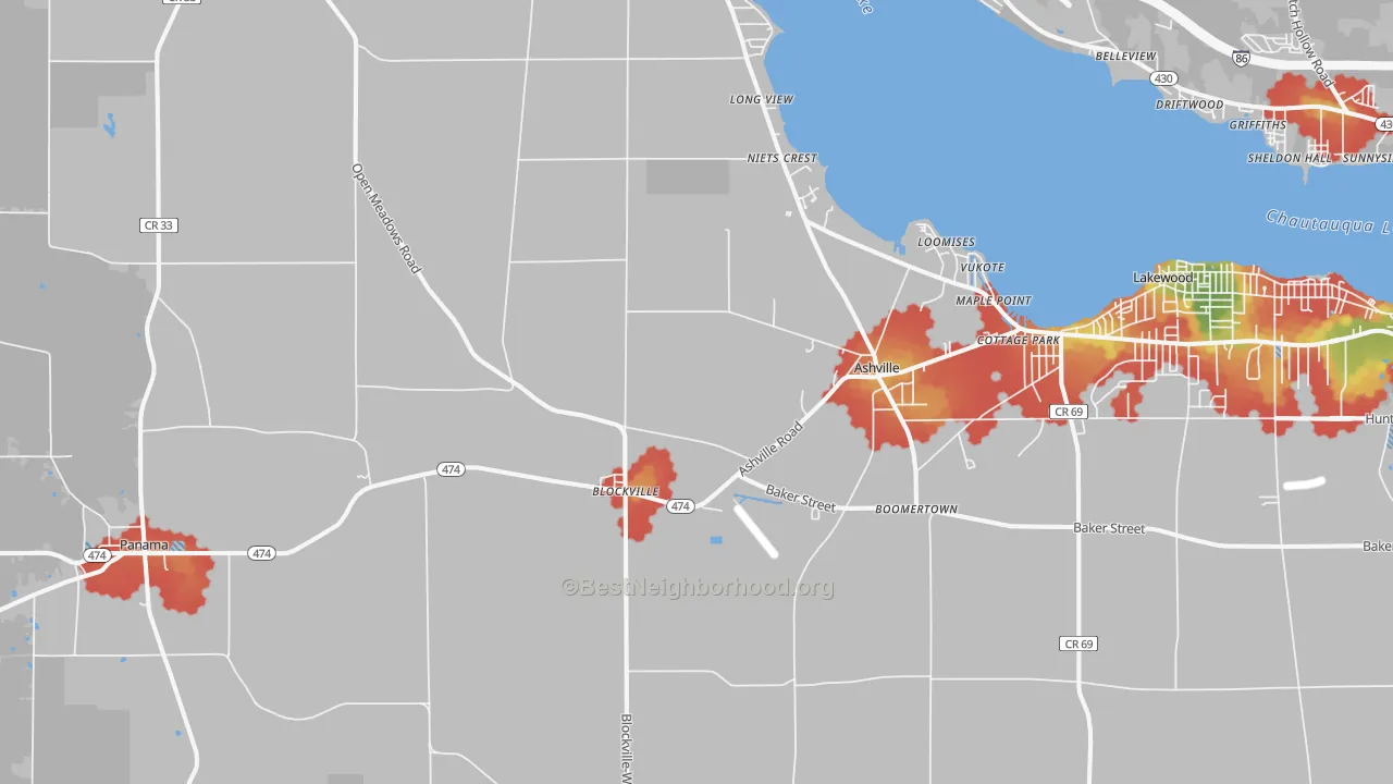 Walk Grade map of 14710, NY, walkable areas in green and car-dependent areas in red