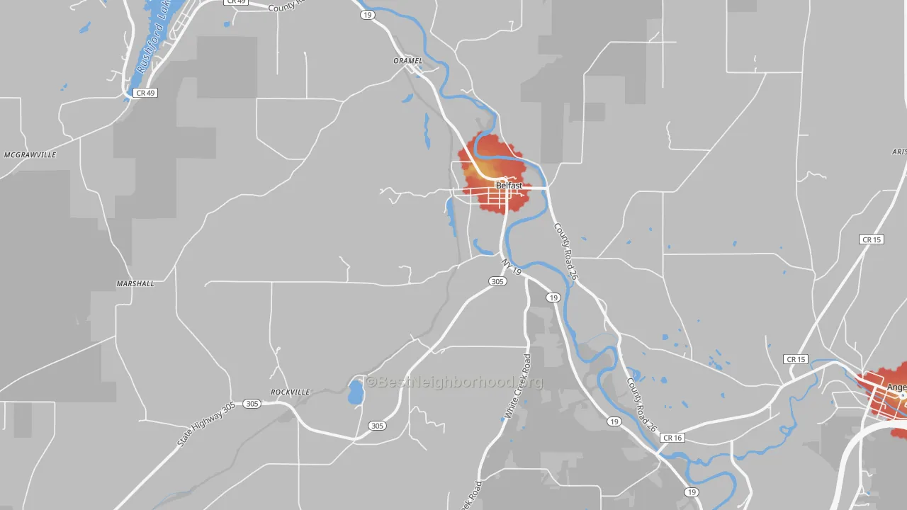 Walk Grade map of 14711, NY, walkable areas in green and car-dependent areas in red