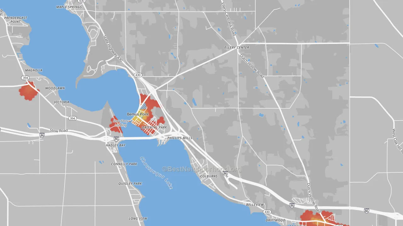 Walk Grade map of 14712, NY, walkable areas in green and car-dependent areas in red
