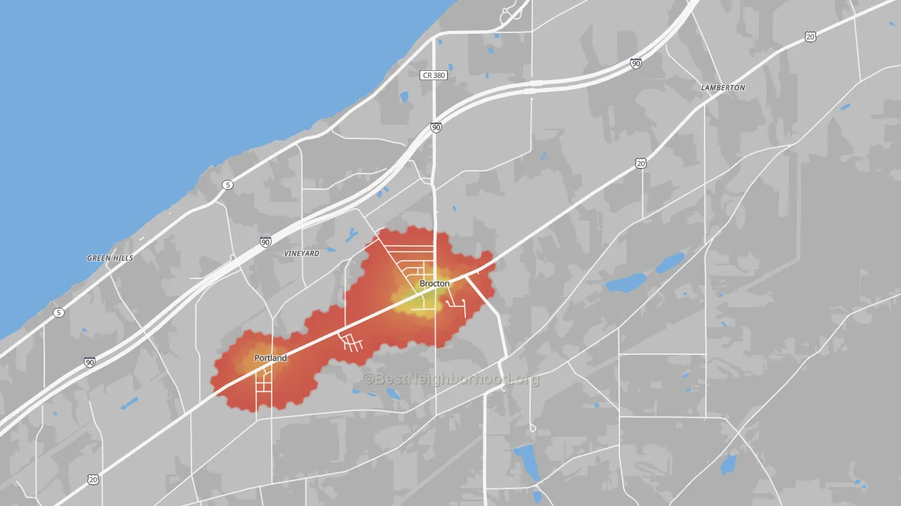 Walk Grade map of 14716, NY, walkable areas in green and car-dependent areas in red