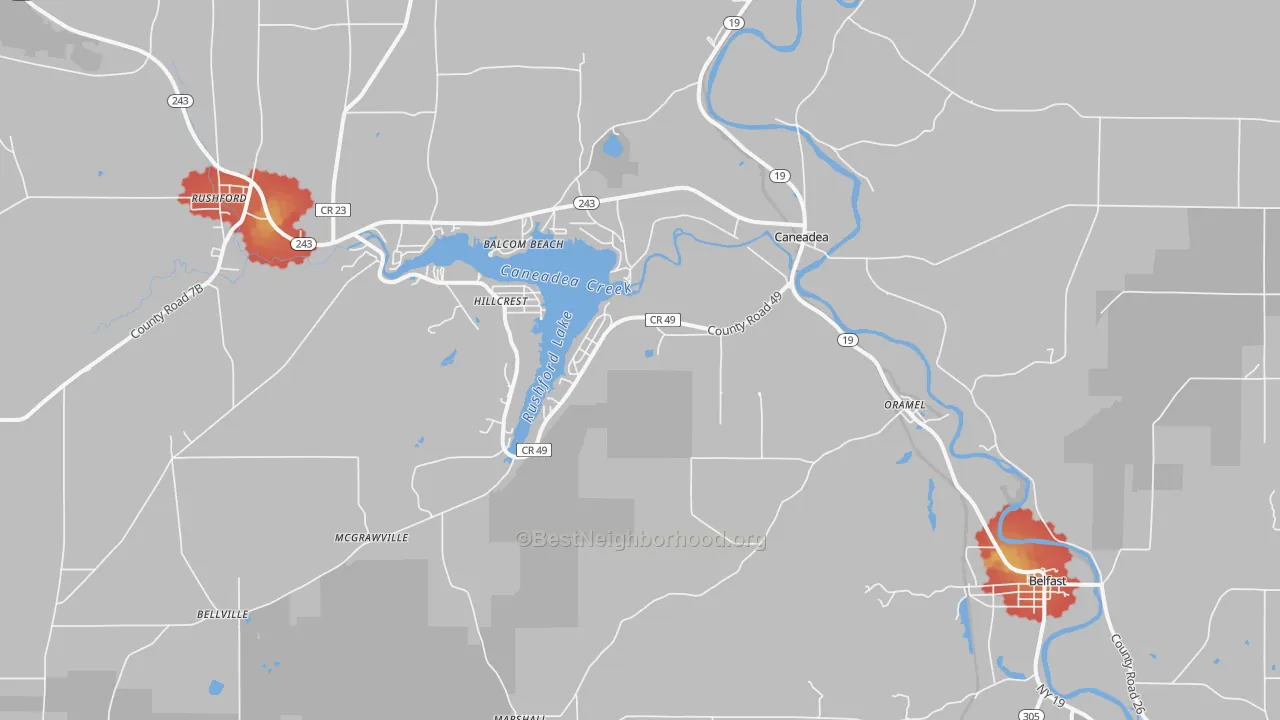 Walk Grade map of 14717, NY, walkable areas in green and car-dependent areas in red