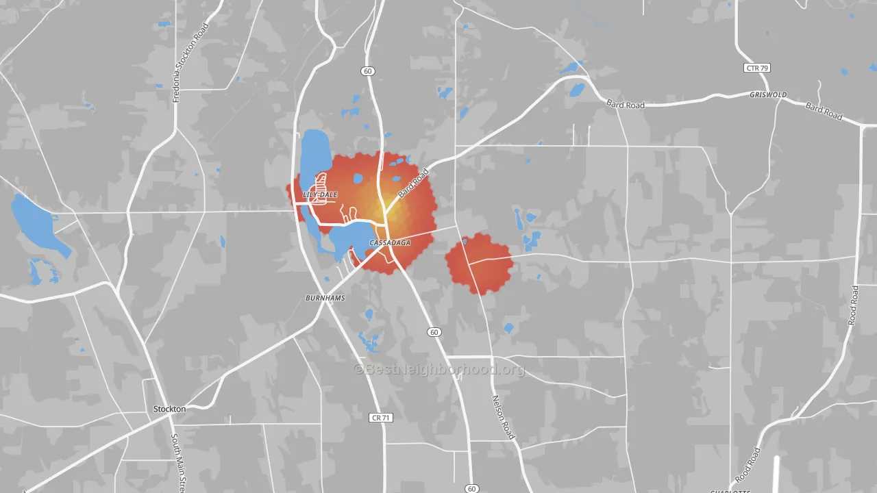 Walk Grade map of 14718, NY, walkable areas in green and car-dependent areas in red