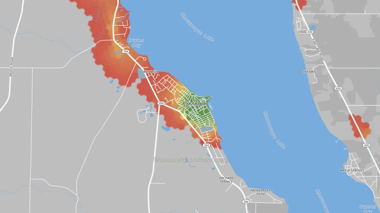 Walk Grade map of 14722, NY, walkable areas in green and car-dependent areas in red
