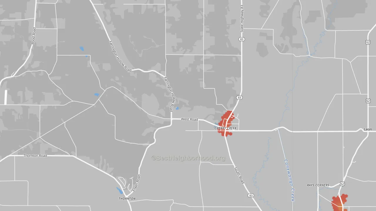 Walk Grade map of 14723, NY, walkable areas in green and car-dependent areas in red