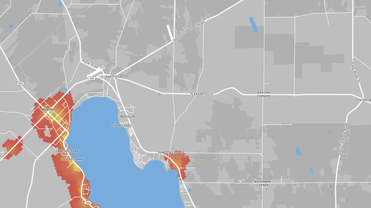 Walk Grade map of 14728, NY, walkable areas in green and car-dependent areas in red