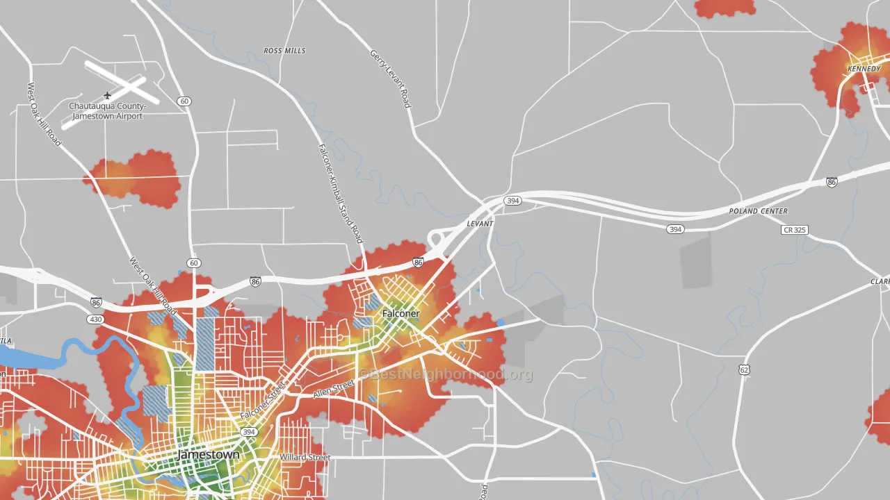 Walk Grade map of 14733, NY, walkable areas in green and car-dependent areas in red