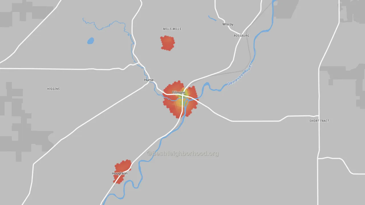 Walk Grade map of 14735, NY, walkable areas in green and car-dependent areas in red