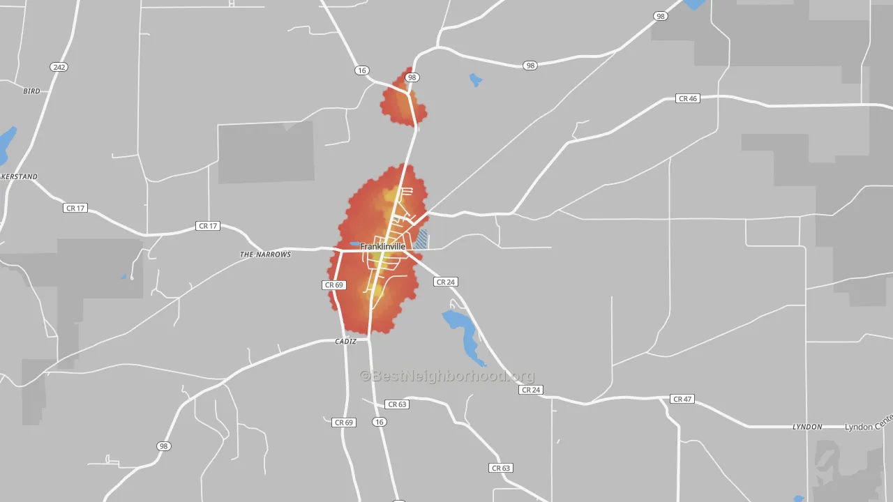 Walk Grade map of 14737, NY, walkable areas in green and car-dependent areas in red