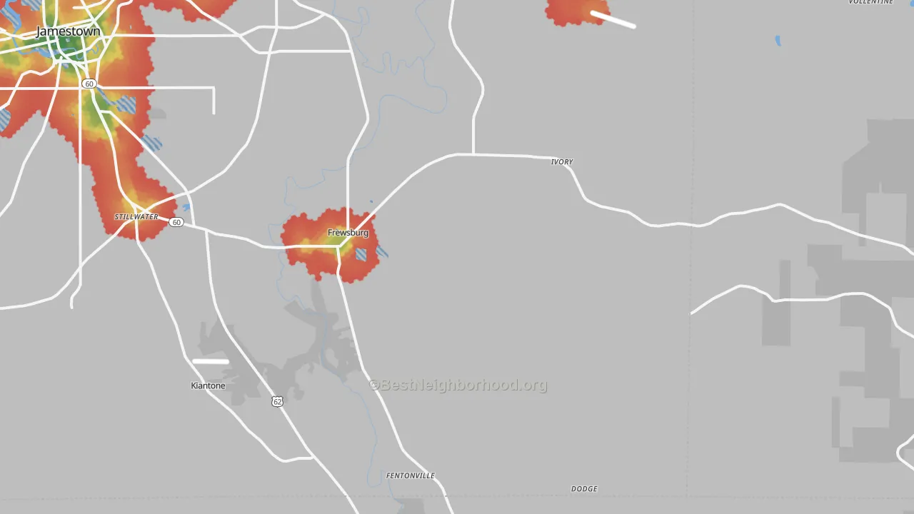 Walk Grade map of 14738, NY, walkable areas in green and car-dependent areas in red