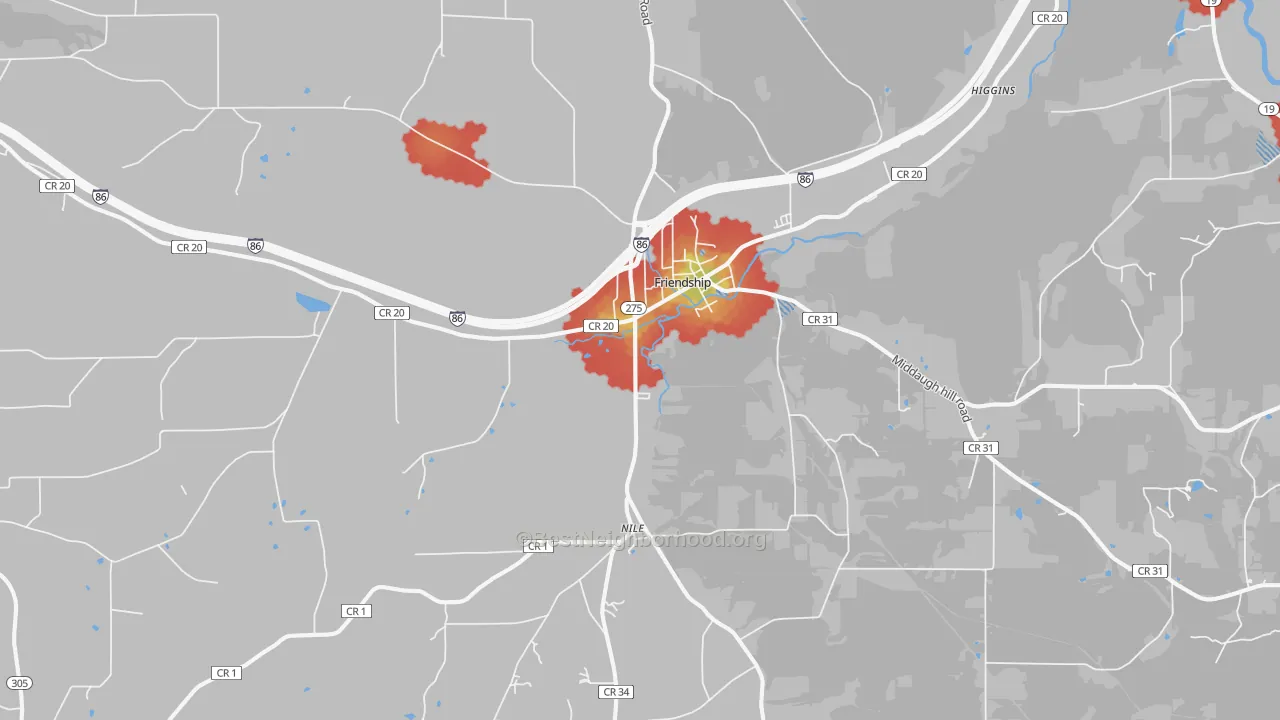 Walk Grade map of 14739, NY, walkable areas in green and car-dependent areas in red