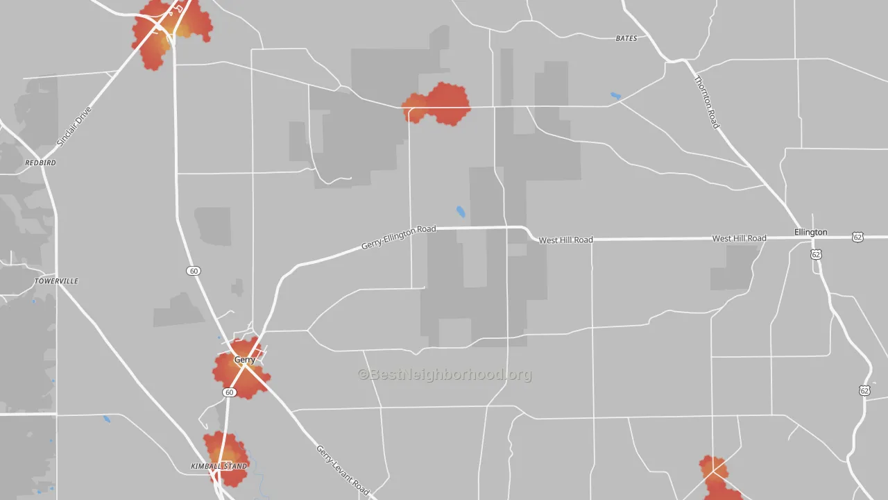 Walk Grade map of 14740, NY, walkable areas in green and car-dependent areas in red