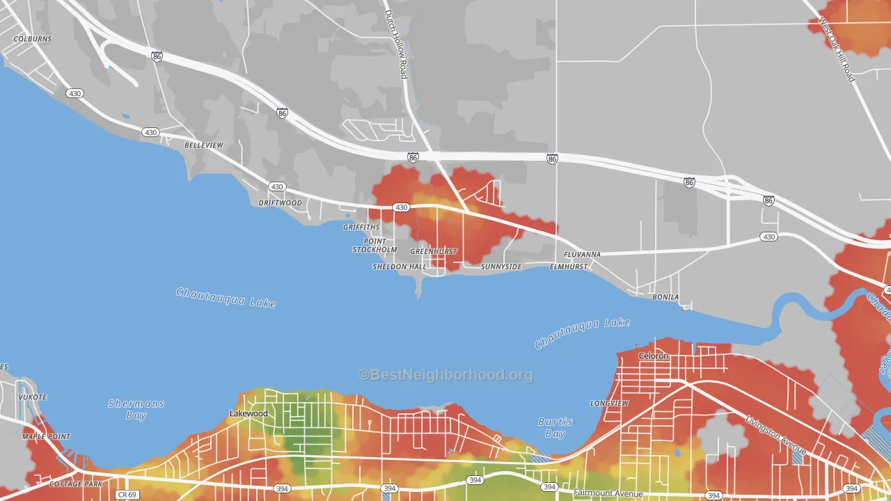Walk Grade map of 14742, NY, walkable areas in green and car-dependent areas in red