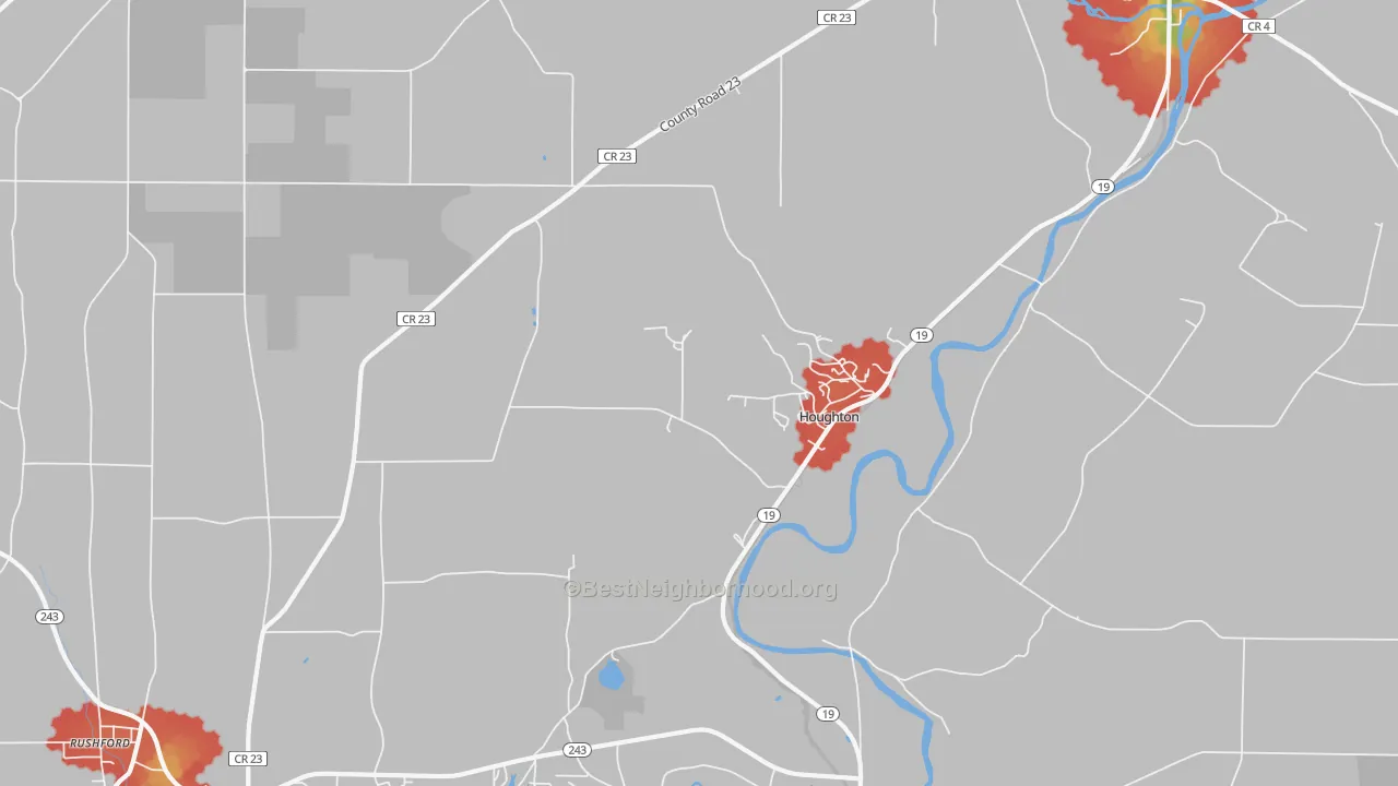 Walk Grade map of 14744, NY, walkable areas in green and car-dependent areas in red