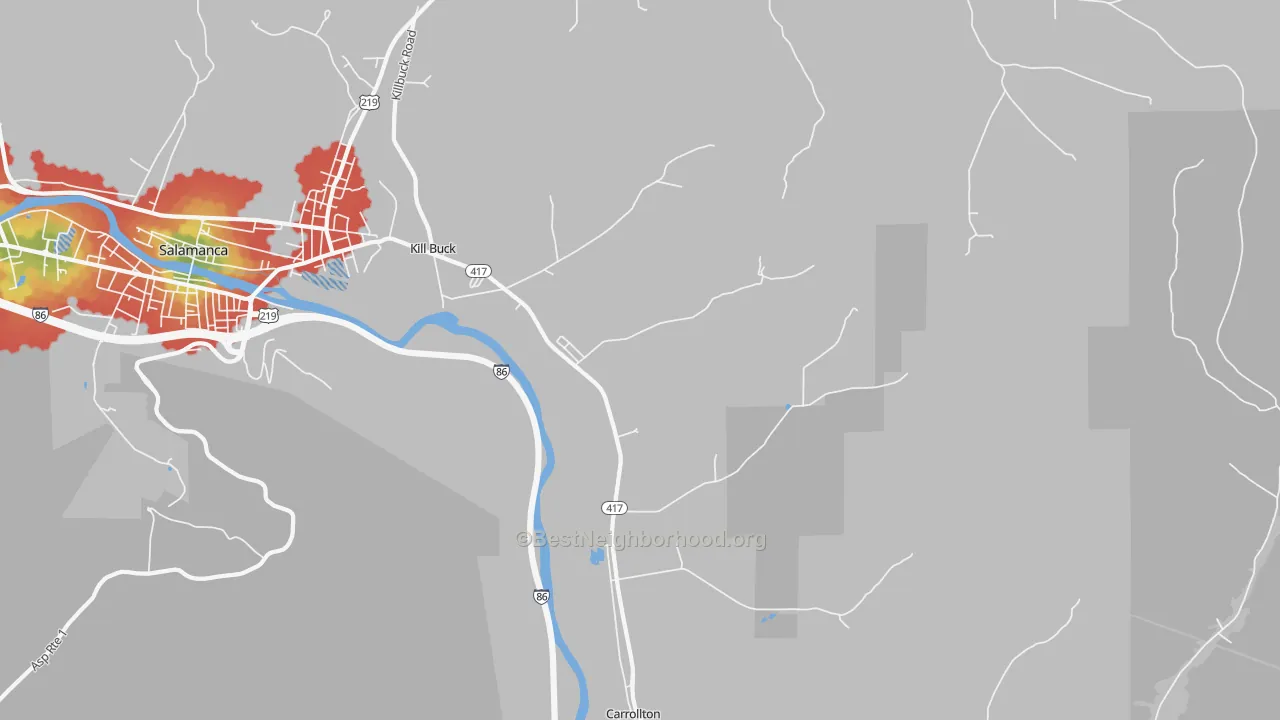 Walk Grade map of 14748, NY, walkable areas in green and car-dependent areas in red