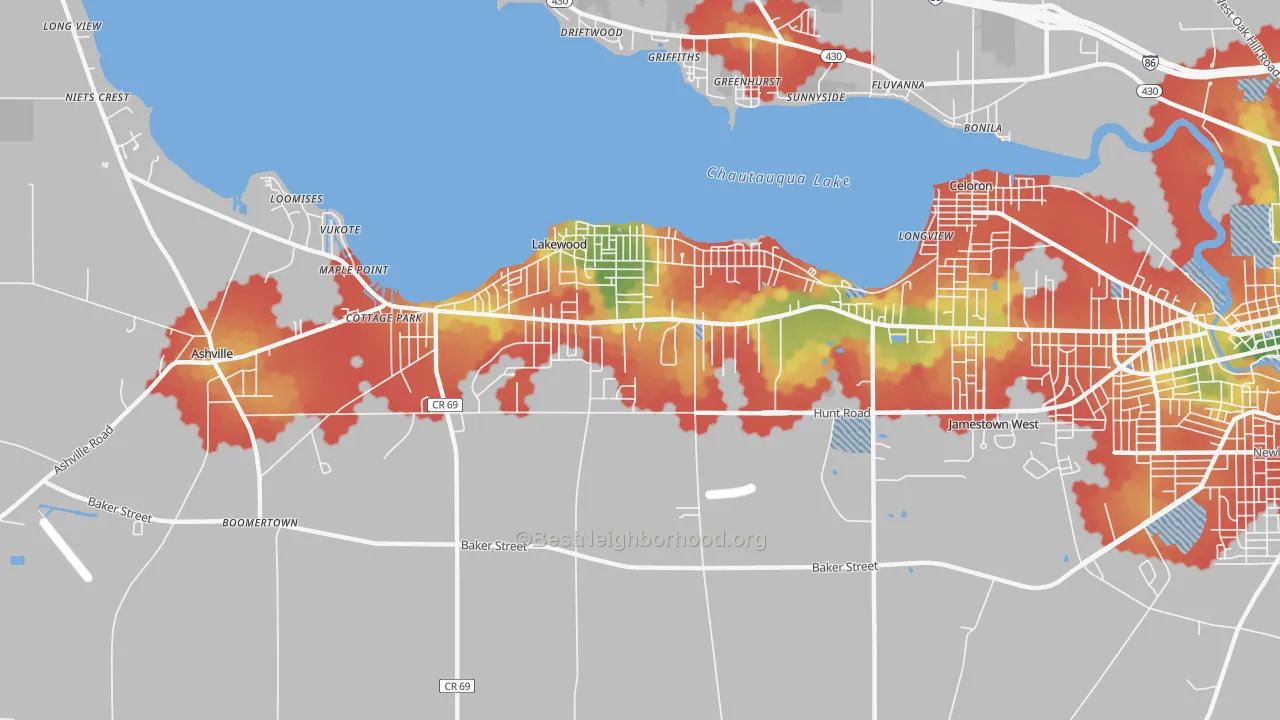 Walk Grade map of 14750, NY, walkable areas in green and car-dependent areas in red