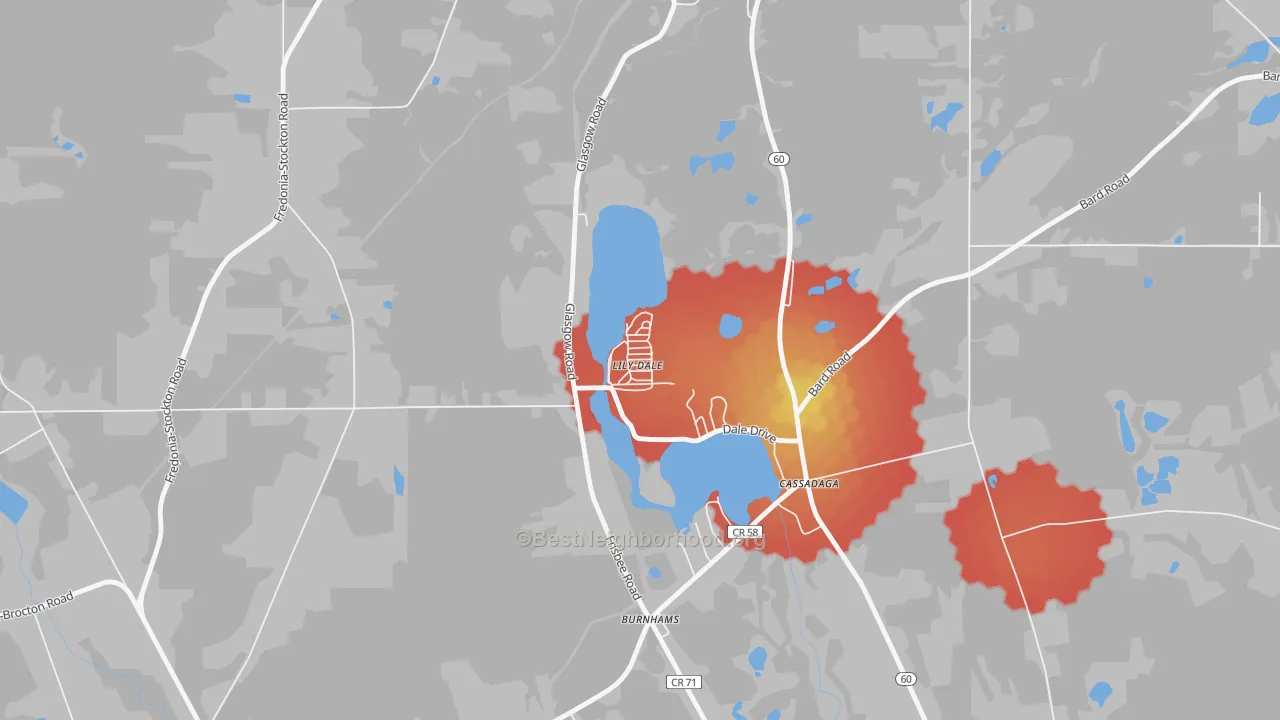 Walk Grade map of 14752, NY, walkable areas in green and car-dependent areas in red
