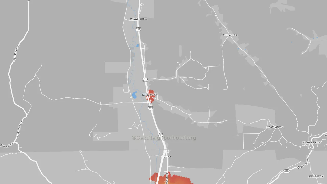 Walk Grade map of 14753, NY, walkable areas in green and car-dependent areas in red