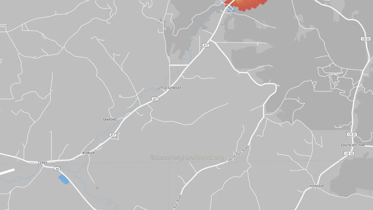 Walk Grade map of 14754, NY, walkable areas in green and car-dependent areas in red