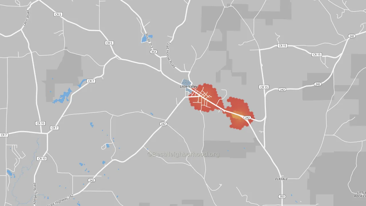 Walk Grade map of 14755, NY, walkable areas in green and car-dependent areas in red