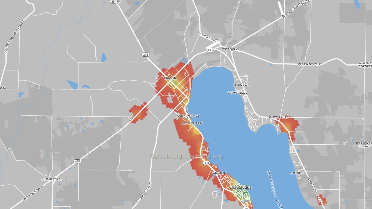 Walk Grade map of 14757, NY, walkable areas in green and car-dependent areas in red